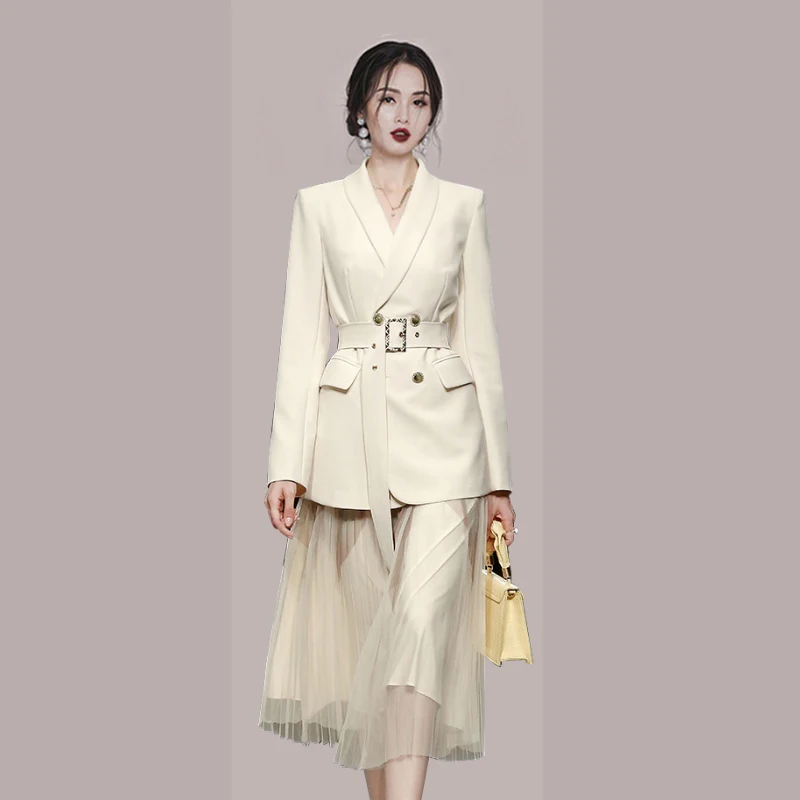 Early Autumn Elegant Office Women\'s Dress Set Solid Double-Breasted Blazers Jacket With Belt Mesh Base Strap Dress Two-Piece Set