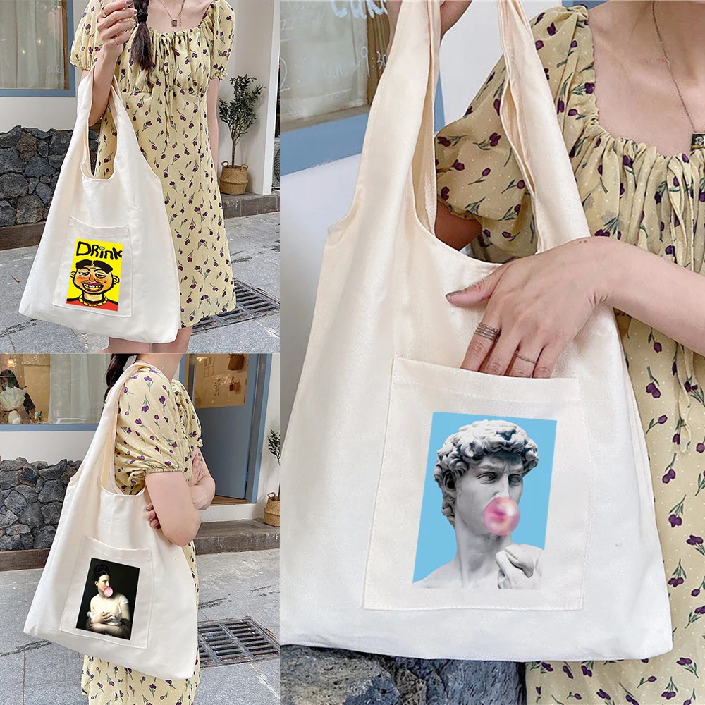 Women\'s Shopper Shopping Bags Female Canvas Commuter School Vest Bag Cotton Funny Pattern Cloth Fabric Grocery Handbags Tote Bag