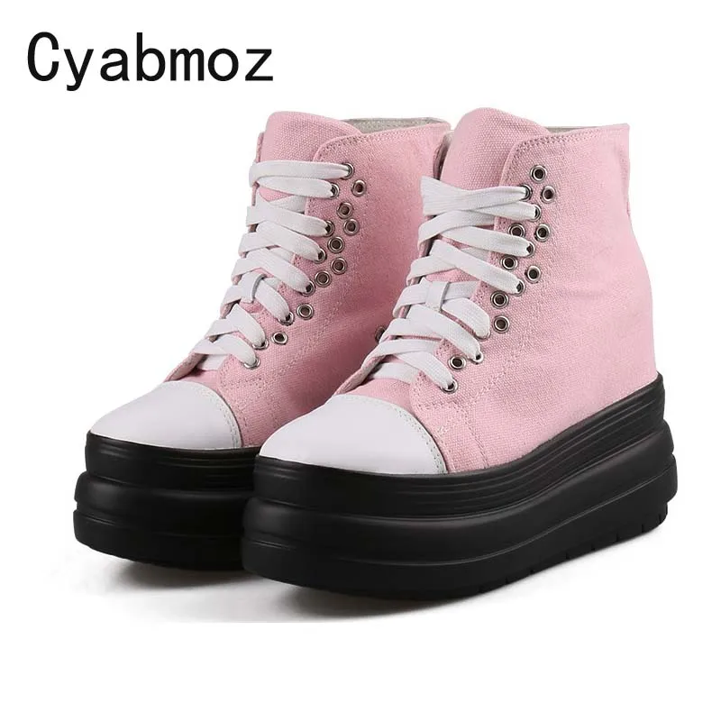 

11cm women comfortable sneakers wedges canvas casual shoes ladies high platform height increasing sneakers fashion