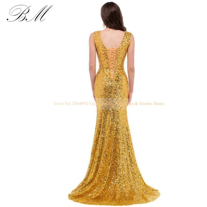 Elegant Red Yellow Sequin V Neck Prom Dresses 2021 Mermaid Lace Formal Party Evening for Women Robe De Soiree In Stock