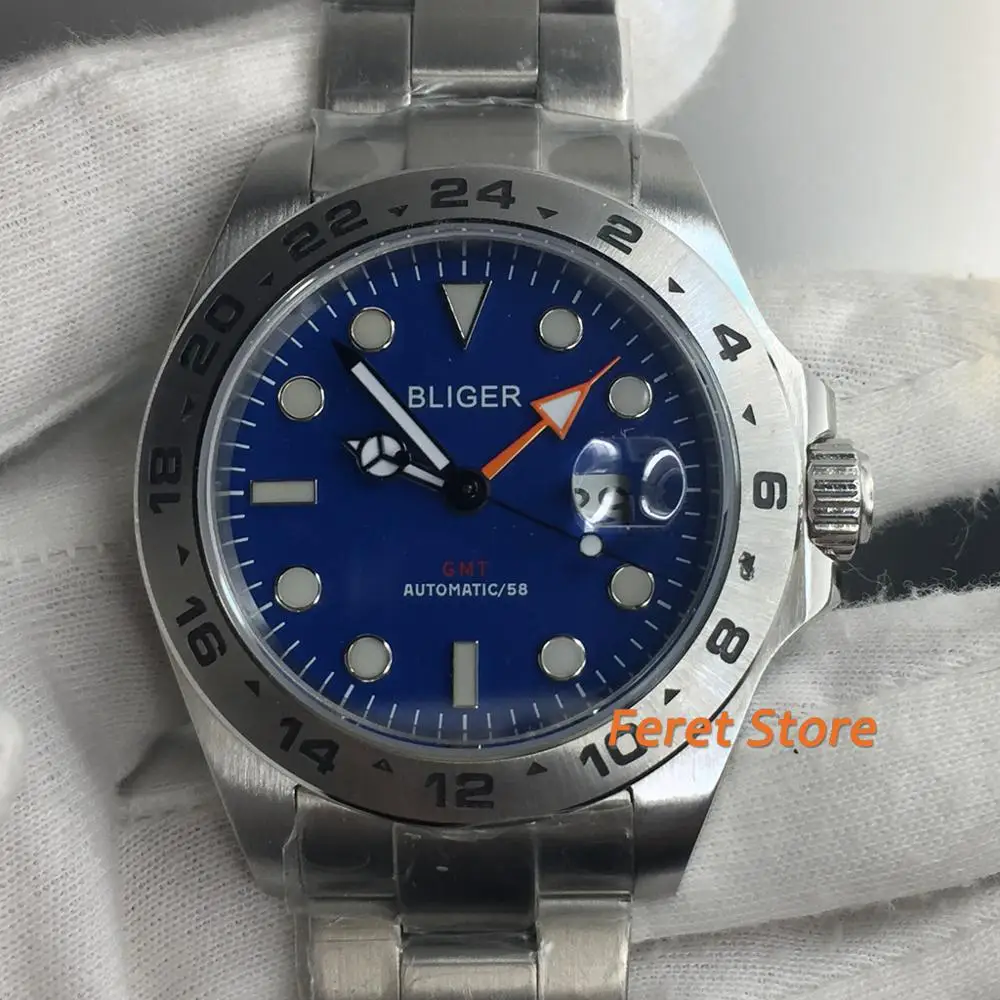 

BLIGER New 43mm Men's Watch GMT Sterile Blue dial Automatic Date Sapphire Glass Oysert Bracelet Brushed Case Luminous Hands