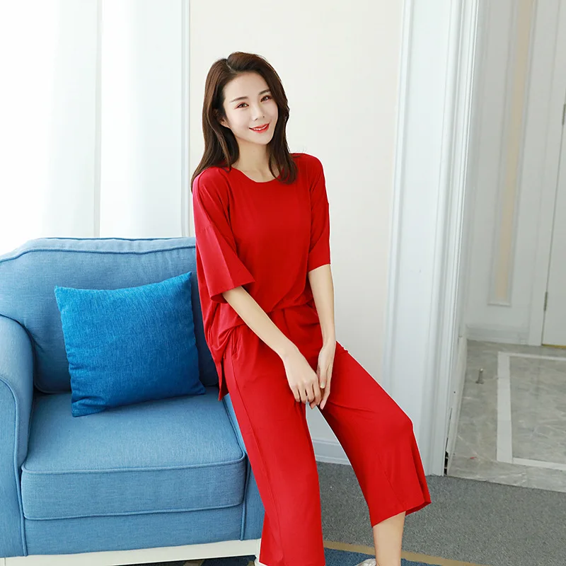 Summer female modal cotton pajamas suit short-sleeve shorts loose large size pajamas wide-leg pants home service women\'s pajamas