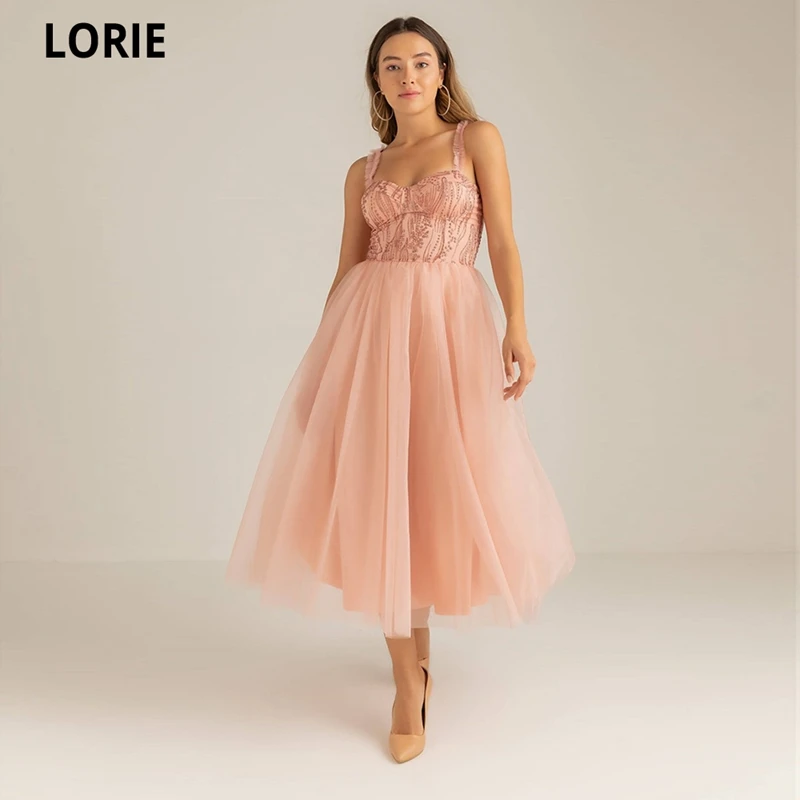 

Lorie Luxury Beaded Tulle Short Prom Dresses A Line Straps Tea-Length Evening Party Gowns Custom Made Girls Homecoming Dresses