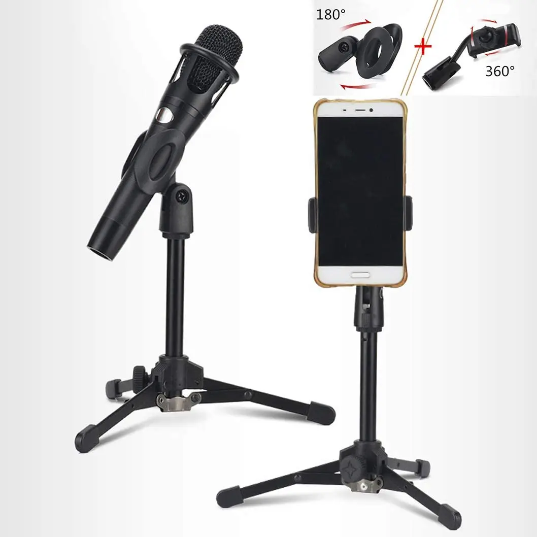 Foldable Tripod Desktop Microphone Stand Holder include Microphone clip Phone clip