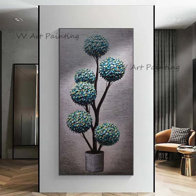 Handmade Circle Tree Oil Painting Canvas Painting Nature Abstract Picture Painting Vertical Green Painting for Living Room Decor