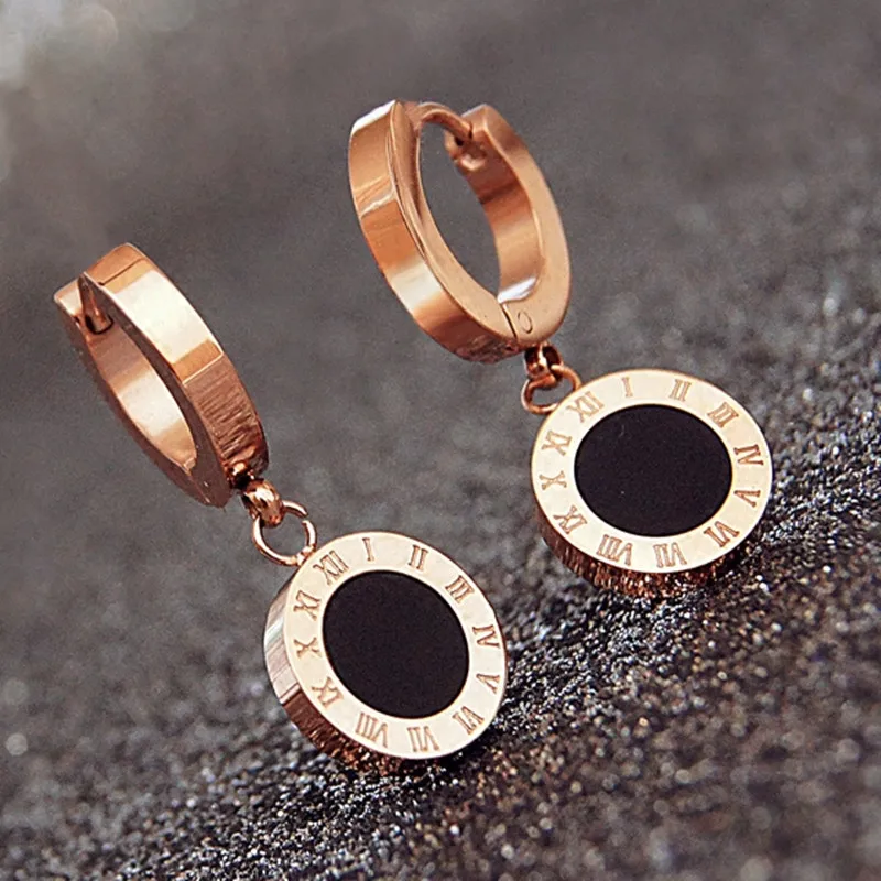 Twelve Constellations Design Women Earrings Rose Gold-color White Black Shell Circular Surface Roman Letter Dance Earring KE06-1