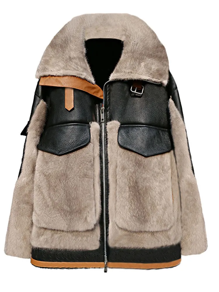 MENINA BONITA Genuine Leather Winter Jacket Women Fashion Coat Natural Real Mink Fur Thick Warm Outerwear Streetwear Locomotive