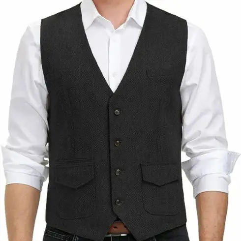 

Men's Suit Vest Black Herringbone V Neck Wool Single-breasted Waistcoat Casual Formal Business Groomman For Wedding Clothing