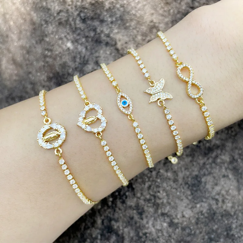 FLOLA Copper Zircon Small Butterfly & Infinity Tennis Bracelets For Women White Stone Virgin Mary Bracelets Girl Jewelry brte04