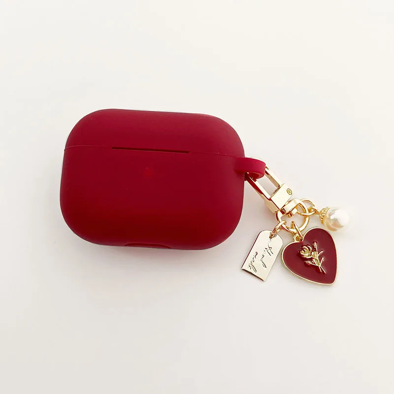 Vintage Roses Pearl Keychain Wine Red Silicone Earphone Case For Apple Airpods 1 2 Pro 3 Bluetooth Headset Cover Sweet Cute