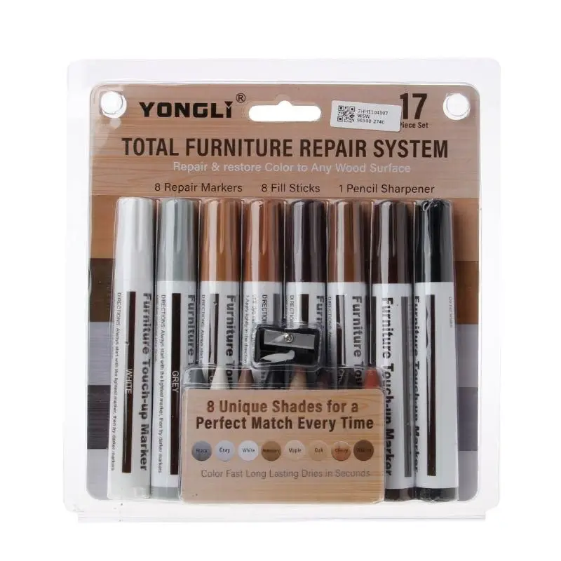 17Pcs Furniture Touch Up Kit Markers & Filler Sticks Wood Scratches Restore Kit Scratch Patch Paint Pen Wood Composite Repair