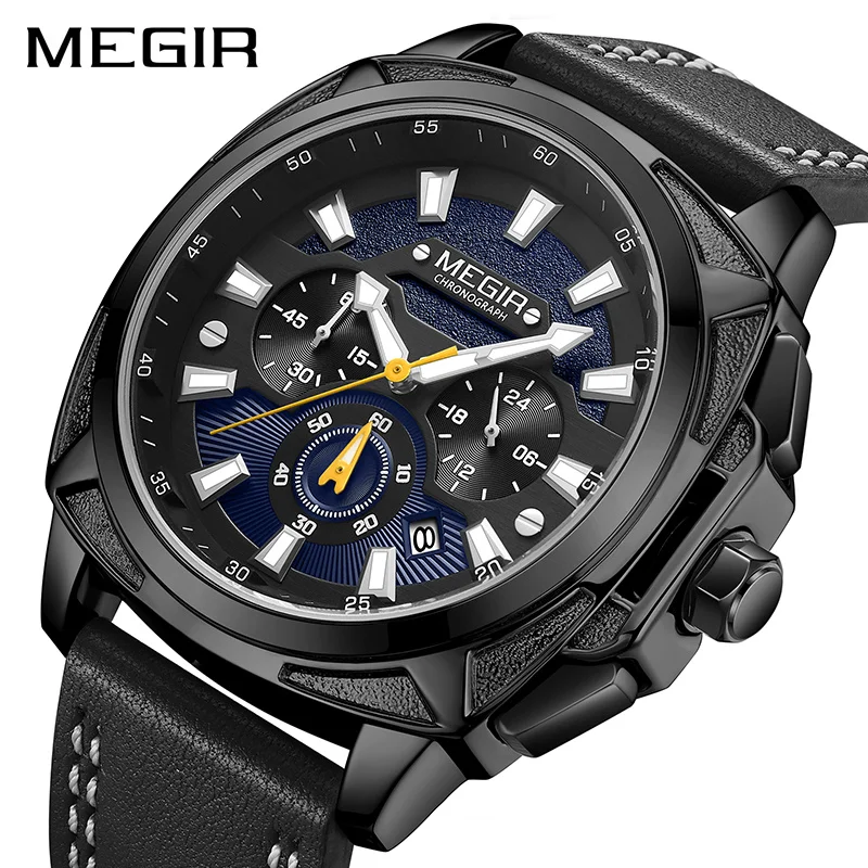 

Sport Watches for Men Black Top Brand Luxury Military Leather Wrist Watch Man Clock Fashion Chronograph Wristwatch MEGIR Casual