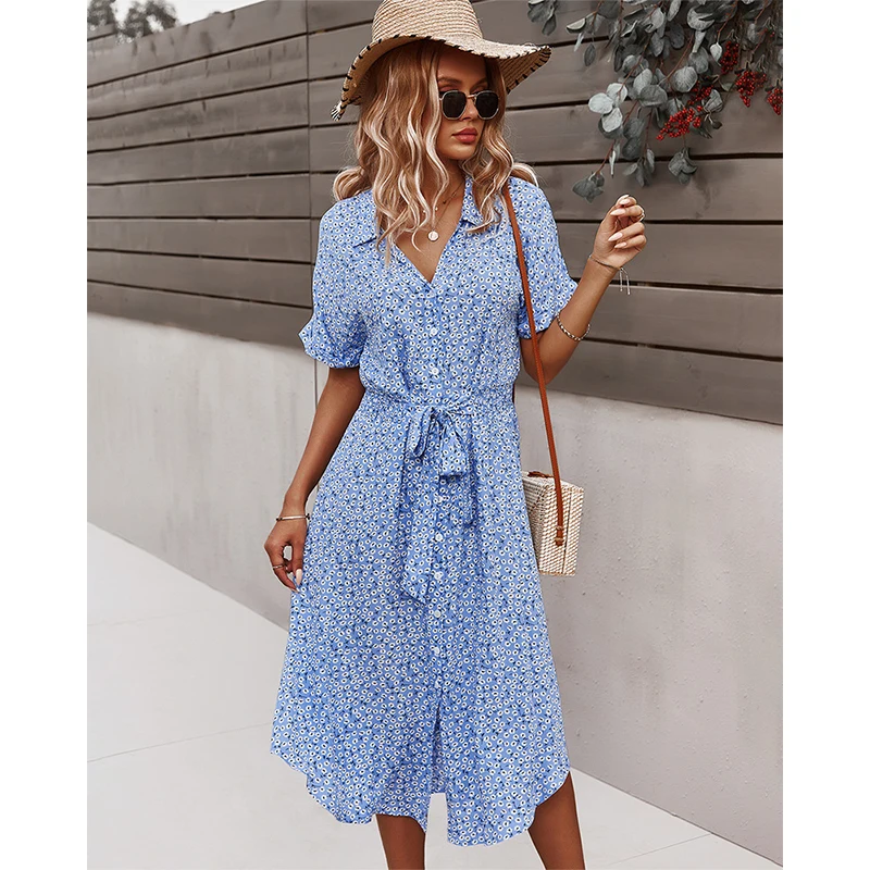 

Autumn Winter Ladies Bandage Dress Women Casual Medium Long Sleeve Button Floral Print Holiday Style Chic Dress Female 2024 New