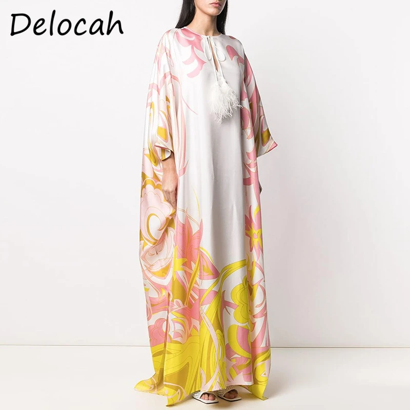 Delocah New 2021 Summer Women Fashion Designer Boho Holiday Maxi Dress Batwing Sleeve Bow Printed Long Dresses Plus Size Robe