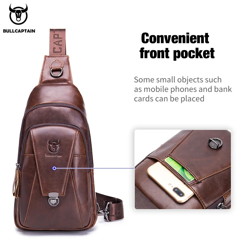 BULLCAPTAIN Genuine Leather Chest Back Pack Chest Bag Men Fashion Messenger Bag\'s Multifunctional Card Bages Mobile Phone Bags