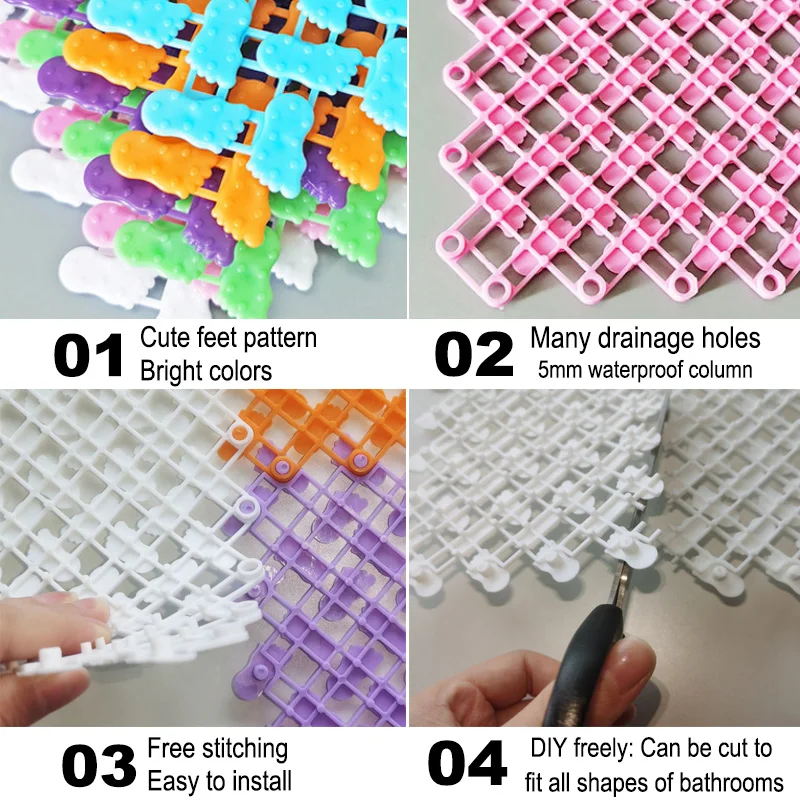 DIY Non Slip Bathroom Splicing Mat Candy Colors Combination Mesh Drainage Massage Floor Carpet For Laundry Room Shower Bathroom