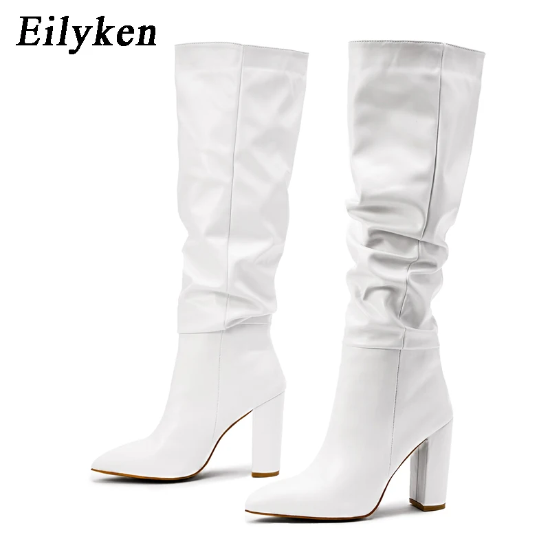 Fashion Pleated Women Knee High Boots Sexy Pointed Toe Square Heels Ladies Long Female White Black Shoes size 35-42