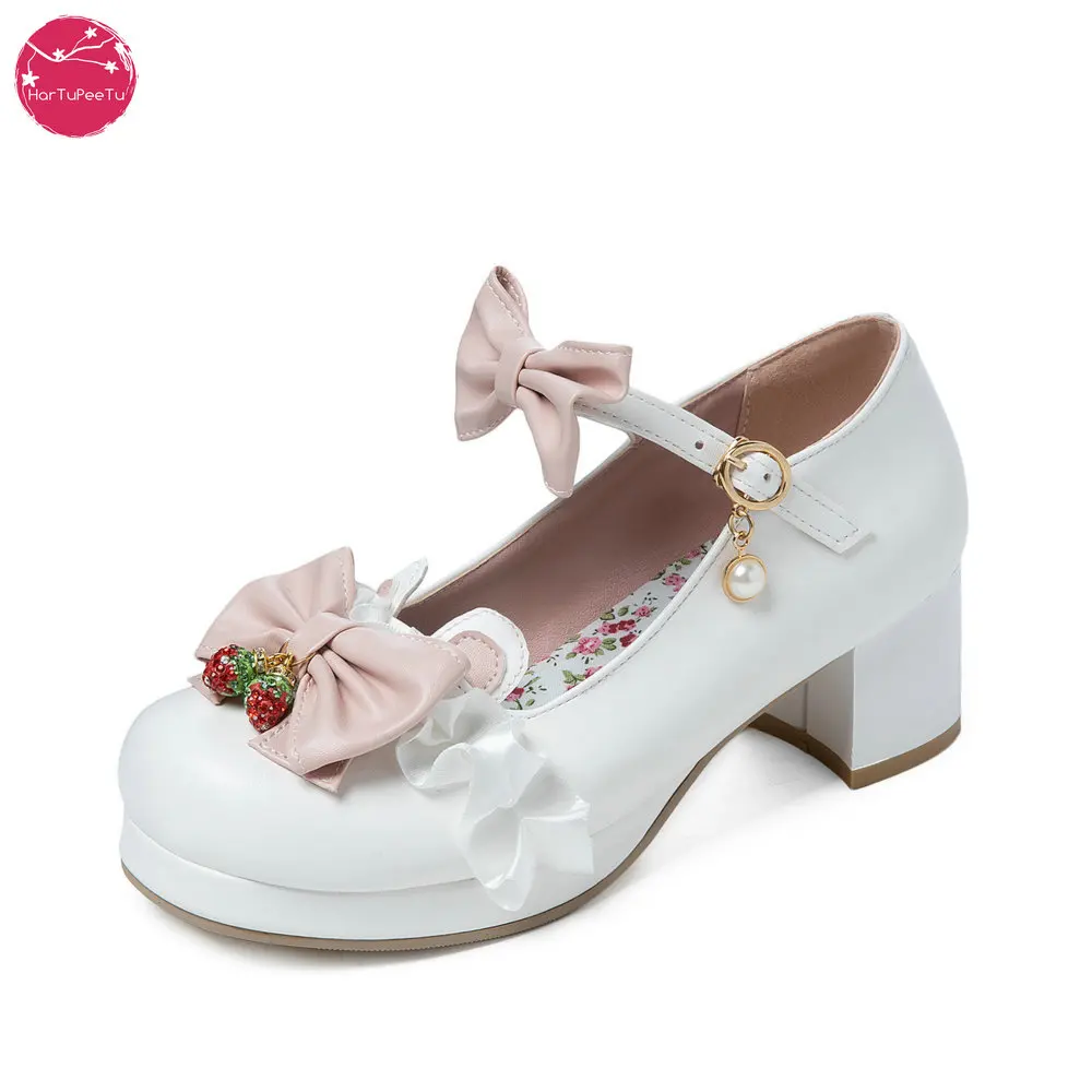 

Womens Mary Jane Chunky Heel Closed Toe Platform Pumps with Strawberry Contrast Bows Sweet Lolita Cosplay Wedding Shoes 2021