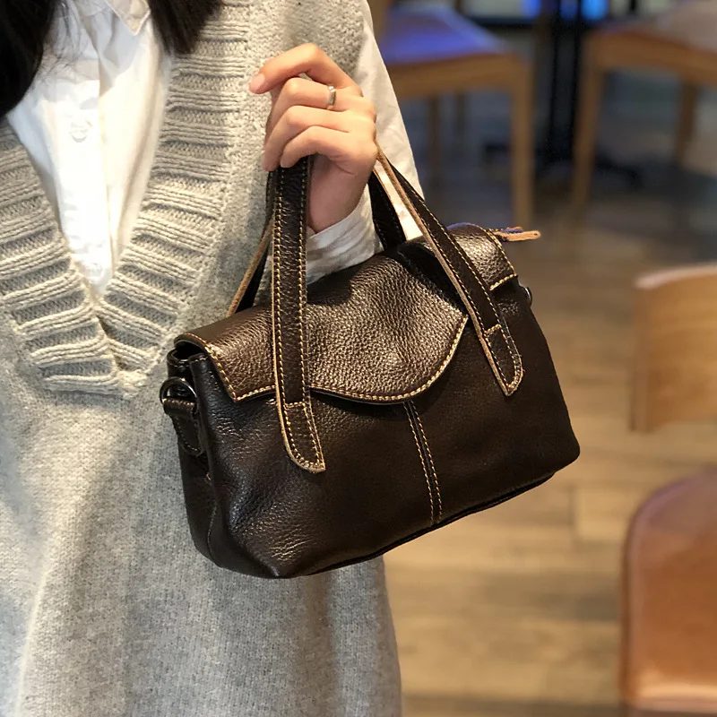 

Soft Head Layer Cowhide Leather Fashion High Quality Shoulder Bags Solid Color Retro Women Handbags