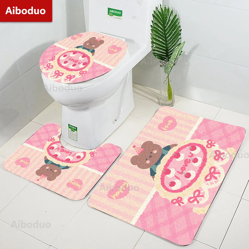 

Aiboduo Pink Birthday Cake Non Slip 3pcs/set Toilet Lid Cover Set 50*80cm Cute Pink Home Decoration BathMat Carpet Restroom Rug