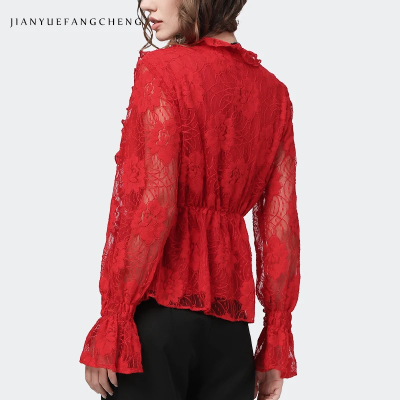 Fashion Ruffles Women Long Sleeve Red Lace Top Sexy See Through V-Neck Hollow Floral Button Shirt Chic Slim Fit Ladies Clothing