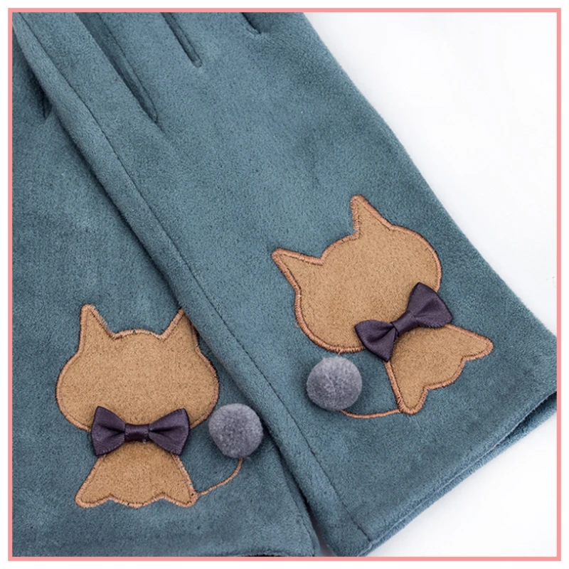 Autumn Winter Women Suede Fabric Touch Screen Keep Warm Gloves Thin Fleece Cartoon Cat Cute Lovely Drive Cycling Mittens