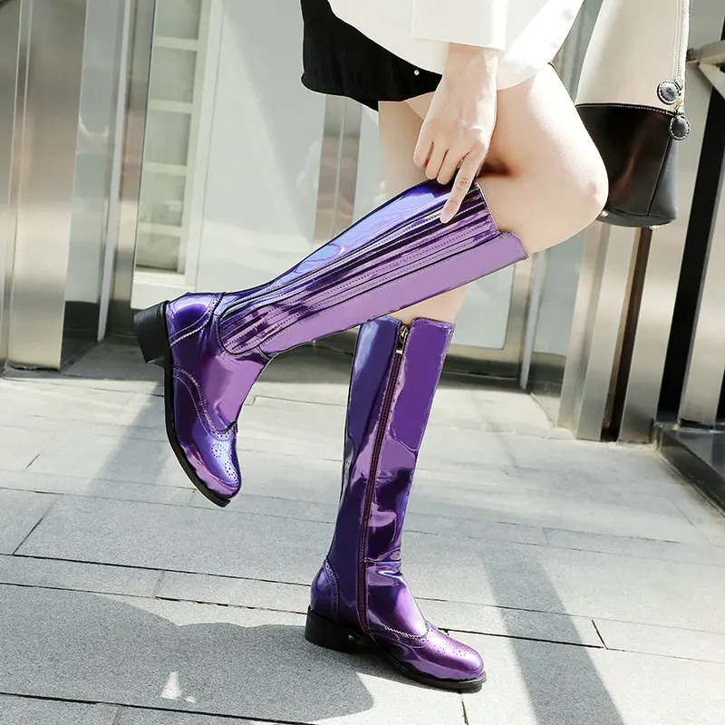 Women Knee High Boots Round Toe Mid Thick Heels Patent PU Leather Fashion Boots Side Zip Winter Boots Black Yellow Purple