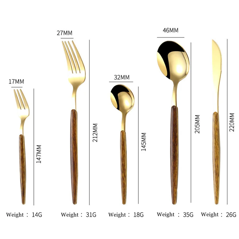 30Pcs Stainless Steel Dinner Gold Imitation Wooden Handle Dinnerware Knife Coffee Spoon Fork Cutlery Set Tableware Silverware