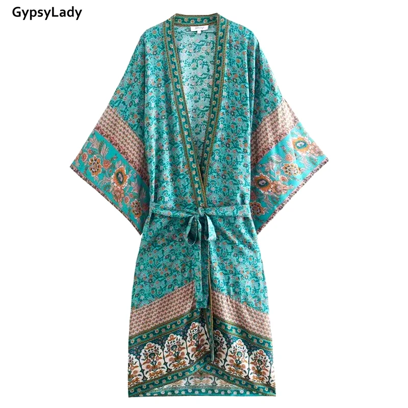 Imagem -05 - Gypsylady Blusa Kimono Longa Feminina Verde Boho Floral Vintage Manga Flare Blusa de Praia