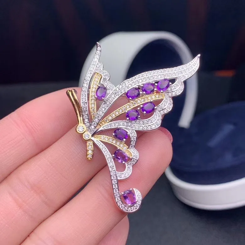 

Natural amethyst brooch, 925 silver design, beautiful color, luxurious, hand-made