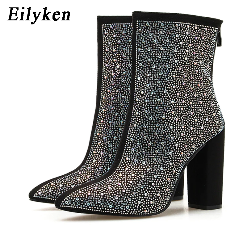 Eilyken moda Sexy banchetto stivali da donna spessi con strass lucidi discoteca tacco quadrato Zapatos Mujer