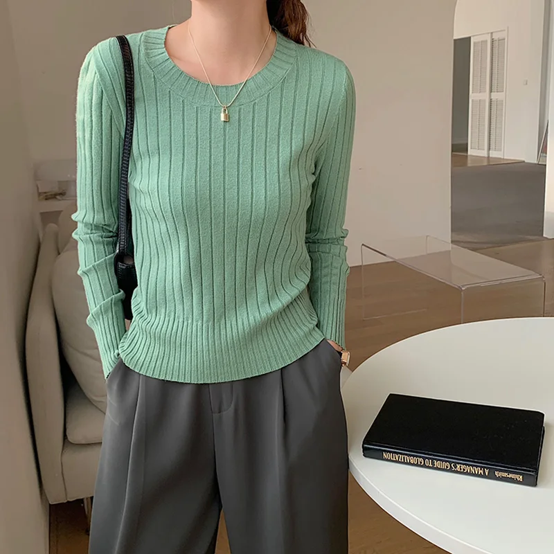 Women's O Neck Long Sleeve Striped T-shirts Elegant Office Ladies Slim Knitted Top Primer-Shirt Female Pullover Knitwear