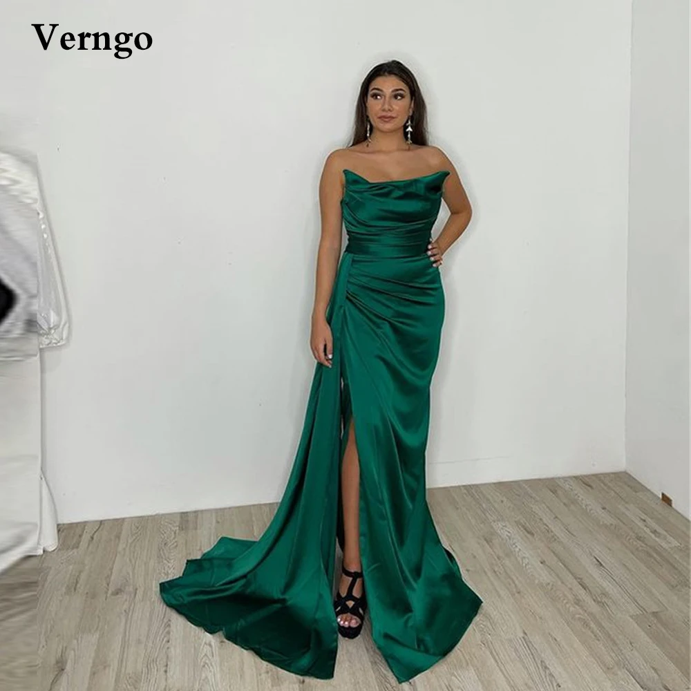 Verngo Moderne Smaragd Grün Satin Lange Abendkleider Liebsten Falten Side Schlitz Prom Kleider Frauen Anlass Formale Kleid