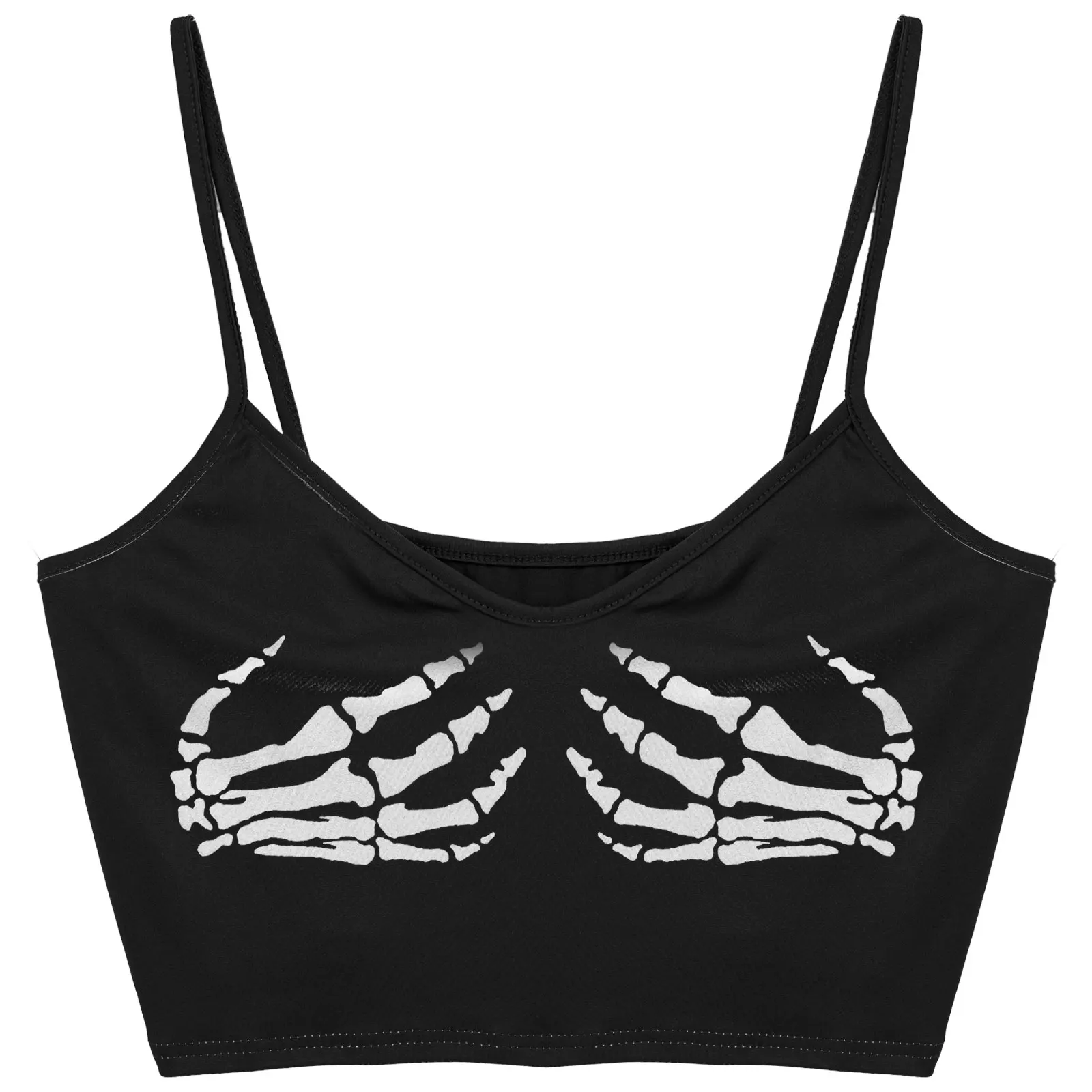 Sexy Club Women Summer Crop Top Camis Punk Y2K Harajuku Black Sleeveless Human Skeleton Skull Hand Printed Tights Vest Femme