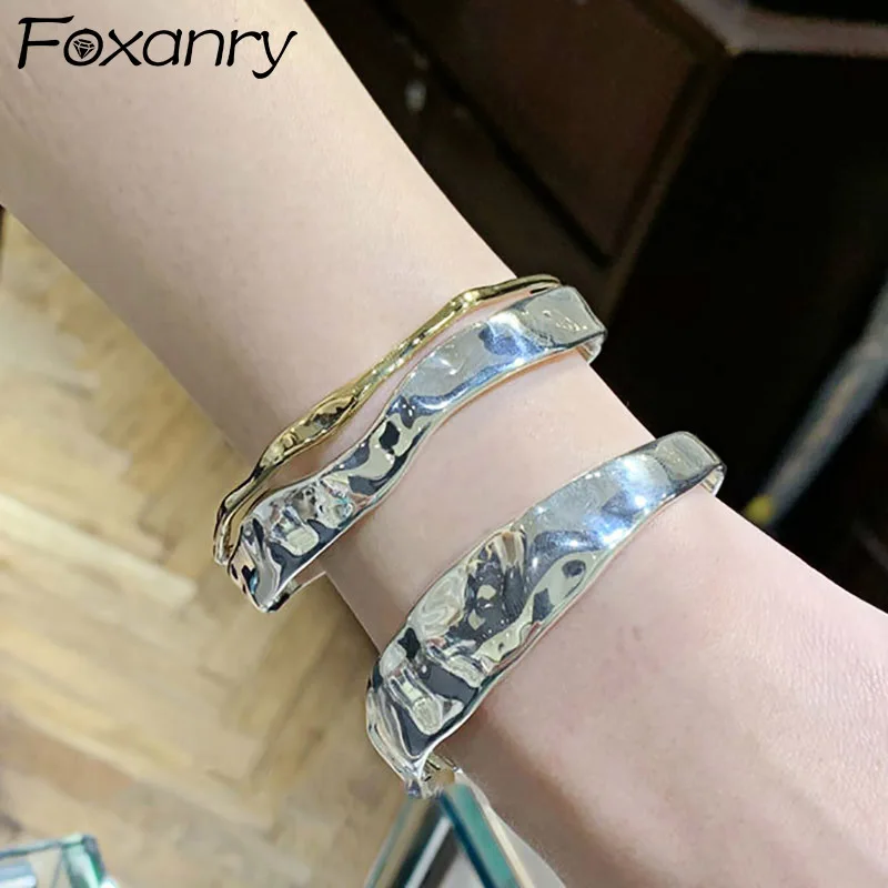 Foxanry  Minimalist Silver Color Width Bracelet for Women INS Fashion Vintage Punk Irregular Pattern Party Jewelry Gifts