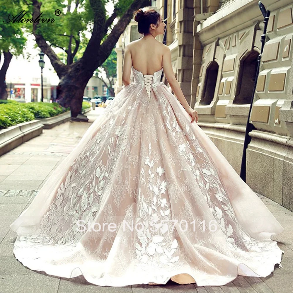 Alonlivn Customize Beauty Floral Prints Strapless Ball Gown Wedding Dresses Embroidery Appliques Lace Up Elegant Bridal Skirts