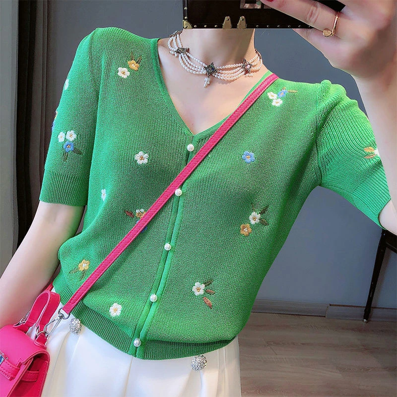 Floral Embroidery Thin Knitted Cardigans Sweaters Summer Women Korean Fashion V-neck Short Sleeve Single-breasted Ice Silk Tops