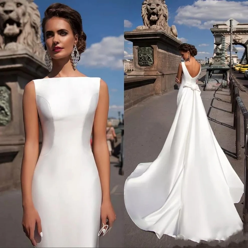 

New Satin Mermaid Wedding Dress 2023 Bateau Boat Neck Sleeveless Fitted With Detachable Train Bow Bride Gowns Robe De Mariage