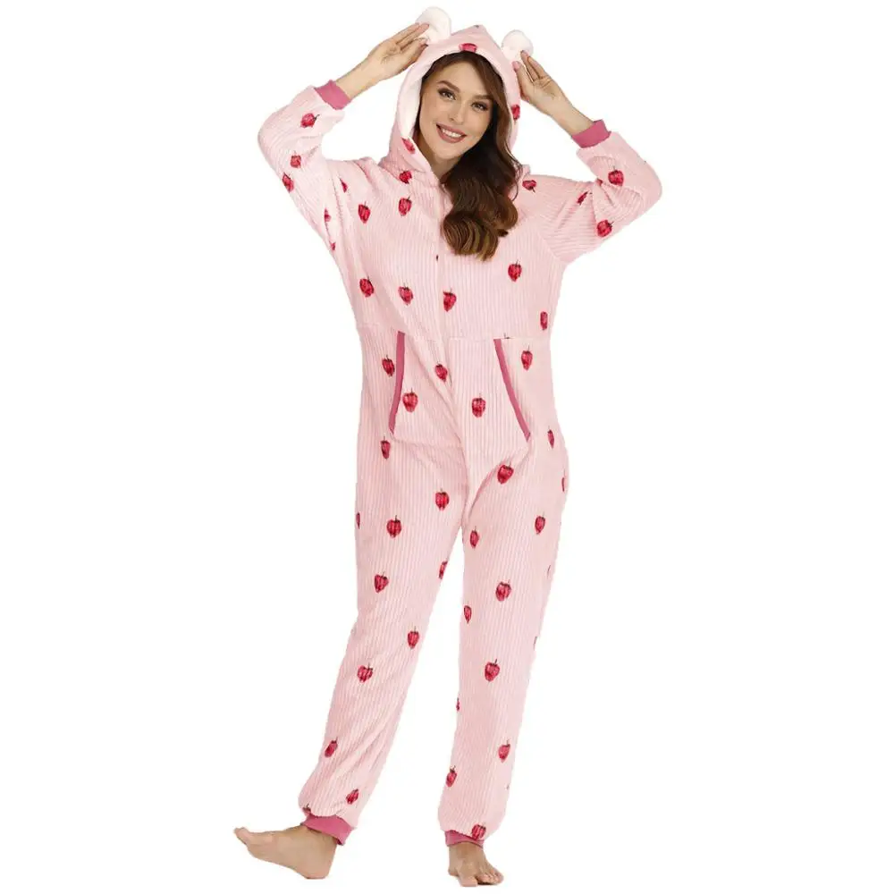 Kigurumi Adult Pink Fruit Print Onesies Pajamas Halloween Party Costume Jumpsuits Hooded Pyjamas Suit Outfit