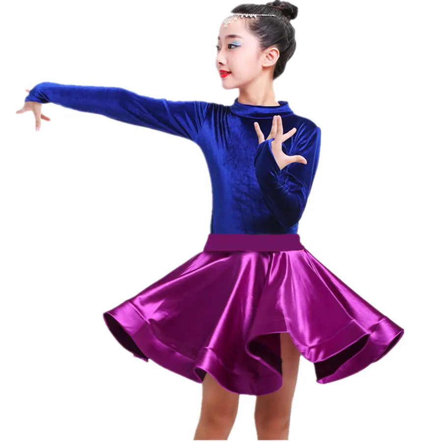 New Kids Girls Velvet Latin Dance Dresses Gymnastics Dancewear Tango Salsa Costume Big Circle Ballroom Skirt For Girls