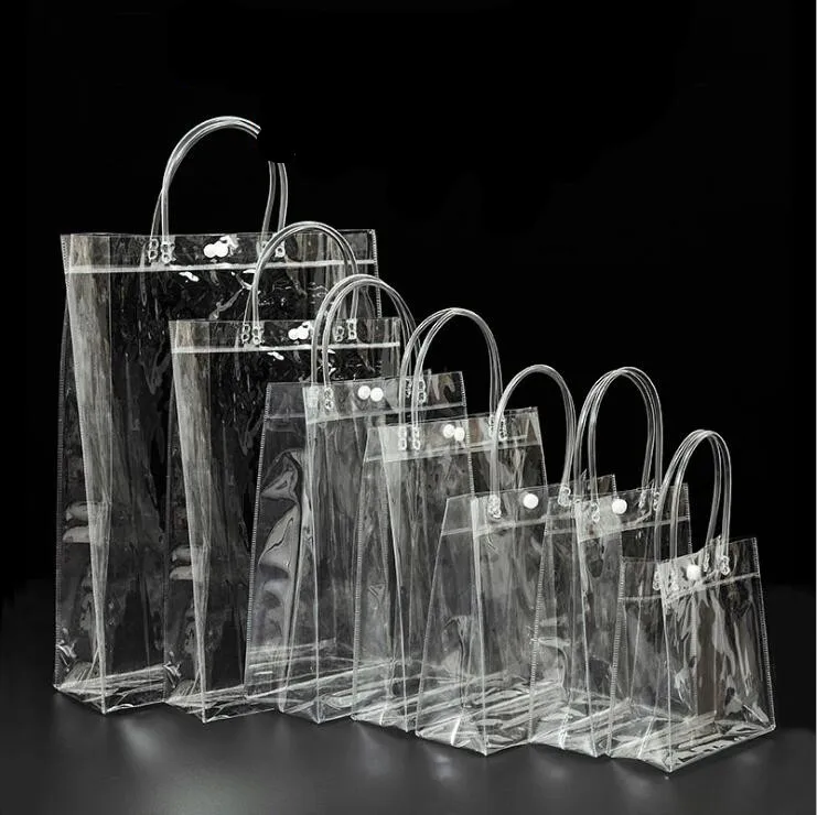 

50pcs PVC plastic gift bags plastic wine packaging bags clear handbag party favors bag Fashion PP Bags With Button