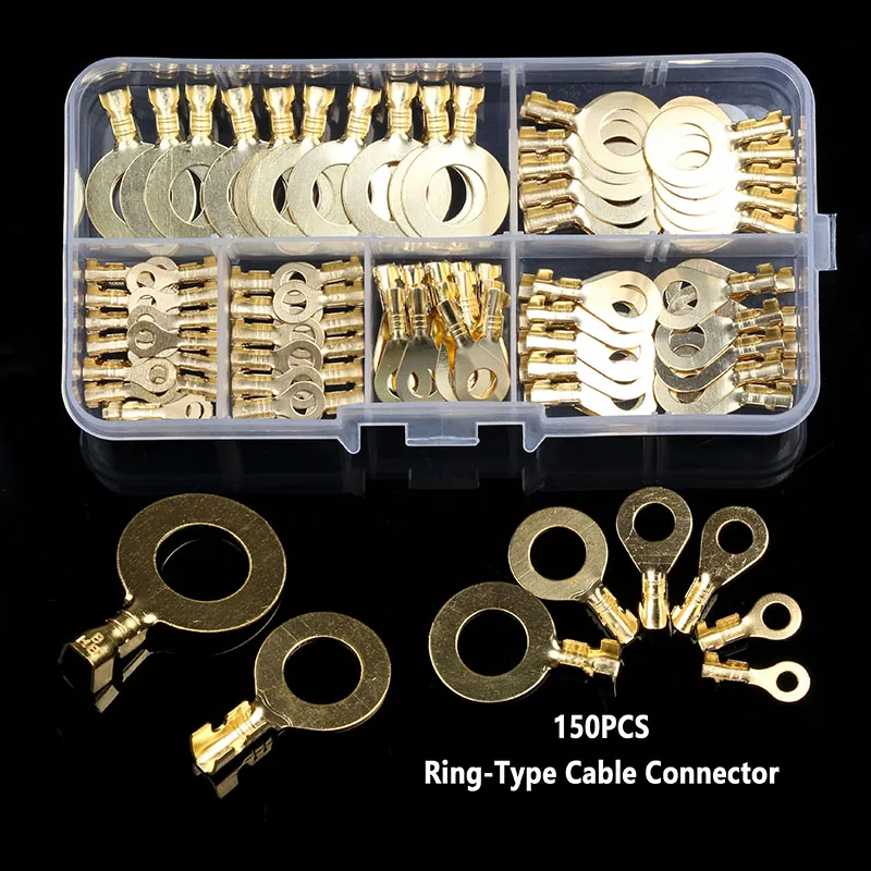 150PCS Ring Lugs Ring Eyes Copper Crimp Cable Connector Non-insulated M3/M4/M5/M6/M8/M10 Assortment Kit