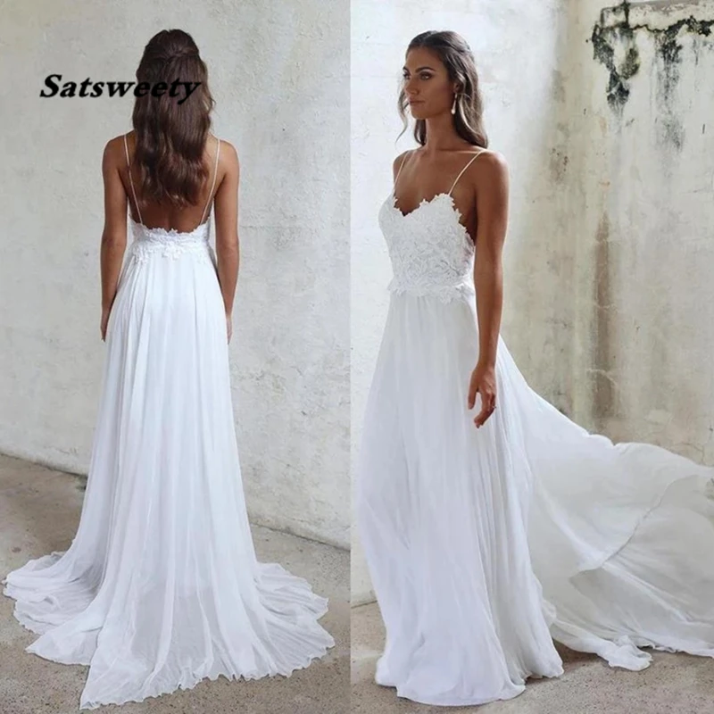 Sexy Spaghetti Straps Beach Wedding Dress Cheap Long Chiffon Bridal Gowns Backless Lace Appliqued Sheath Wedding Dress Wed Gowns