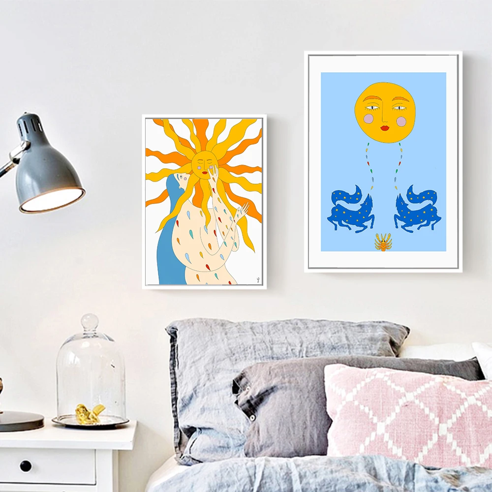 Abstract stars moon sun tarot card picture poster printing cartoon young woman wall art canvas painting bohemian children's bed