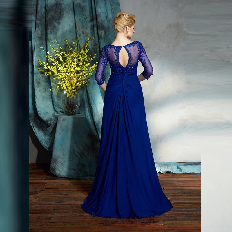 Royal Blue ชุดเจ้าสาว A-Line V คอ3/4แขนชีฟอง Appliques ลูกปัดยาวเจ้าบ่าวแม่ชุดสำหรับงานแต่งงาน