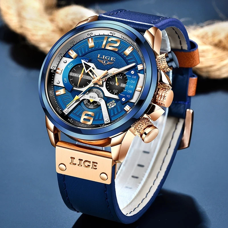 2023 LIGE Casual Sports Watch for Men Top Brand Luxury Military Leather Wrist Watches Mens Clocks Fashion Chronograph Wristwatch