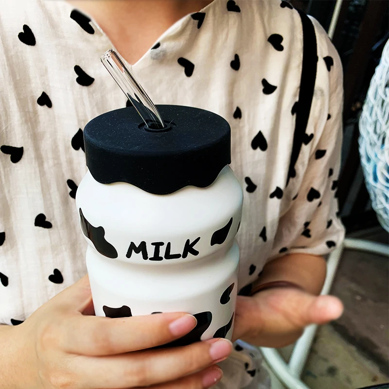 Cow Spot Straw Cup Small and Lovely Children\'s Ceramic Water Bottle with Cover and Straw Korean Simple Cartoon Milk Coffee Cup