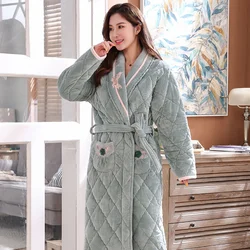 Winter Coral Velvet 3Layers Quilted Bathrobe Women Pajamas Womens Nightgowns Flannel Warm Robe Sleepwear Big Yards Womens Robes