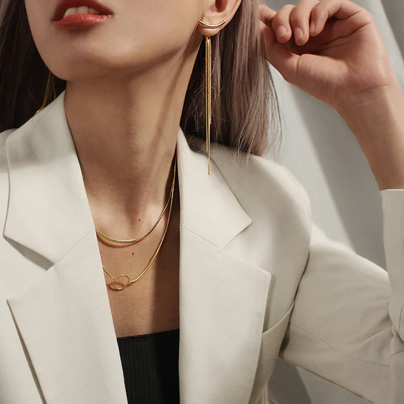 Vintage Gold Color Bar Long Thread Tassel Drop Earrings for Women Glossy Stainless Steel Earrings 2022 New Fashion Jewelry Gifts