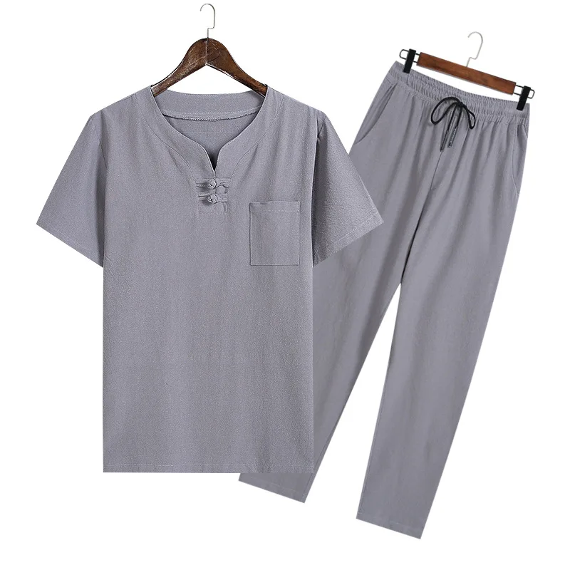 2022 New Chinese Traditional Clothes for Men Shirt Set Tang Suit T-Shirt Linen Short Sleeve Casual V-Neck Loose Solid Color